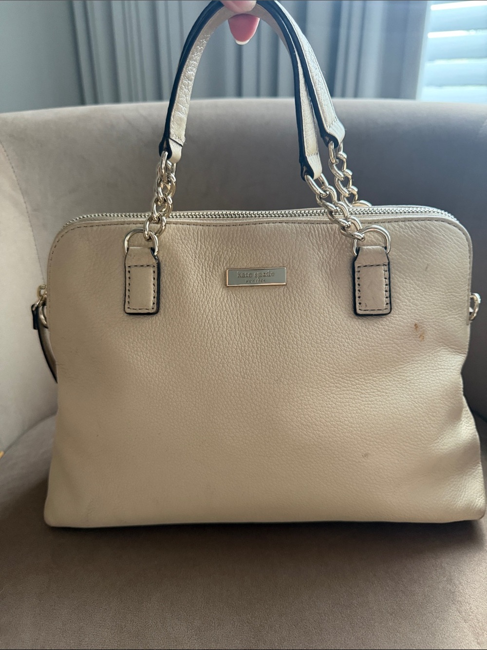 Kate Spade WKRU3132 Ivory Pebbled Leather Satchel Handbag Chain Handle